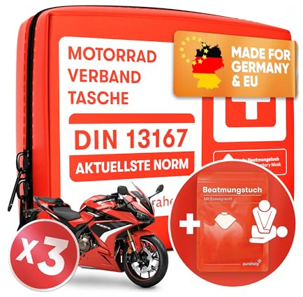PURAHELP 3x Motorrad Verbandskasten nach aktueller Norm 2026 DIN 13167 | (StVO konform) - Inkl. Beatmungstuch - Motorrad Erste Hilfe Set 2026 Mini Klein