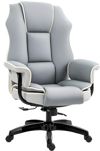 Vinsetto Bürostuhl, Ergonomisch Schreibtischstuhl mit Liegefunktion, Drehfunktion, Höhenverstellbar Computerstuhl für Home-Office, Kunstleder, Hellgrau