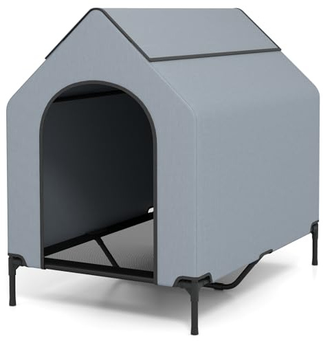 Maxmass Large Dog House, Elevated Dog Bed with Weatherproof Canopy, Ventilated Windows & Mesh Fabric Mat, Outdoor Indoor Pet House for Medium Large Dogs (Grey, L: 110x75x106cm)