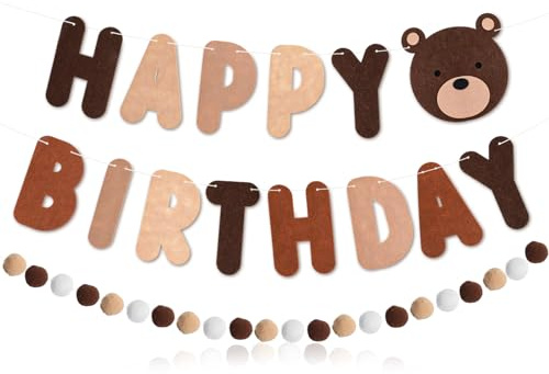 MBAIYO Bär Happy Birthday Girlande Banner, Geburtstagsdeko Set mit Vintage Wimpelkette und Niedlich Pompom Girlande Braune Bär Party Deko Geburtstag Girlande für Erwachsene Kinder Mädchen Frauen
