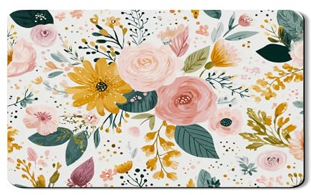 Floral Dish Drying Mats For Kitchen Counter, Vintage Peach Floral Absorbent Rubber Dish Rack Mat, Spring PU Leather Drying Pad For Coffee Bar Protector 12x20 Inch