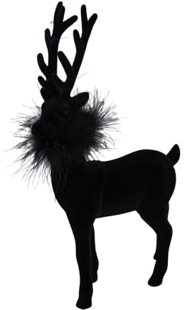 Miss Lovely Hirsch Dekofigur Weihnachten – schwarz – 28,5 cm hoch – Samtoptik – Weihnachtsdeko Rentier aus Kunststoff mit Federn (Schwarz Federboa)