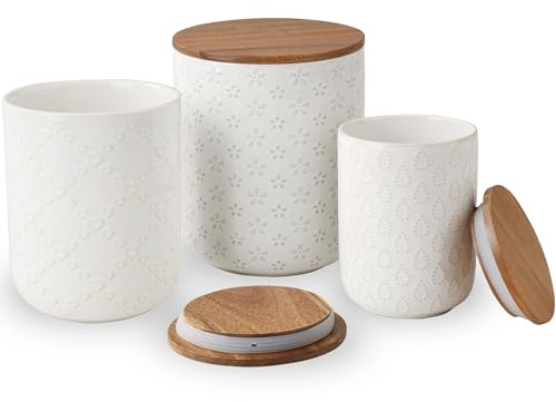 ARRADENS Canisters Sets for the Kitchen, White Ceramic Canister Set with Airtight Wood Lids, 3 Pcs Embossed Food Storage Jars Containers for Flour, Sugar, Spice, Coffee, Tea (70/40/25 oz)