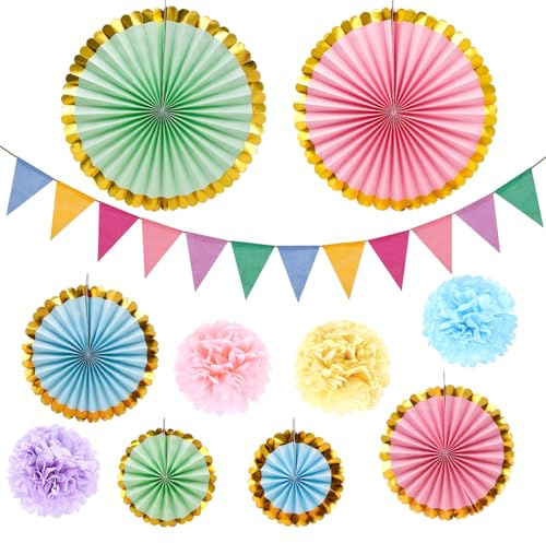 Cisolen födelsedagsdekoration pastellfärgad återanvändbar pastellfärgad festdekoration set vimpelkedja, bikupebollar, pompon dekoration, pappersfläktar för barnkalas dekoration, födelsedagsdekoration