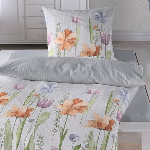Traumschlaf Seersucker Bettwäsche Set • aus 100% Baumwolle in floralen Aquarell Blumen Muster • Bügelfrei 155x220 cm + 80x80 cm