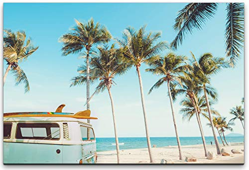 120x80cm Leinwandbild Van Bus mit Surfbrett am Strand mit Palmen Leinwand auf Holzrahmen
