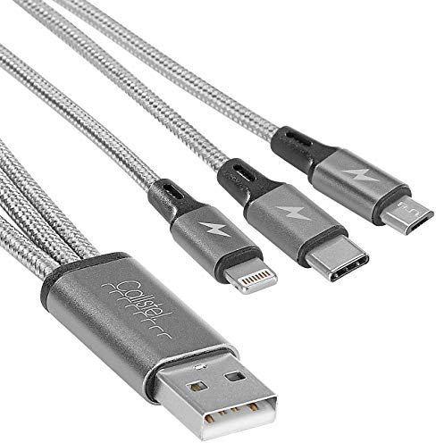 Callstel 3in1-Schnellladekabel: Micro-USB, USB Typ C & Lightning, Textil, 30 cm