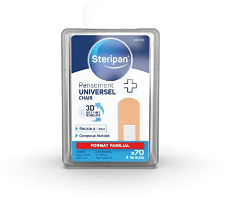 Steripan - Pansements Universels - 4 formats - Résiste à l'Eau - Compresse Alvéolée - 3D Respire Technologie - Couleur Chair - Boîte de 70 Pansements