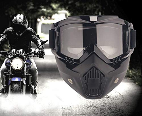 Máscara de Gafas de Moto con máscara extraíble, máscara de Motocross para Motocicletas con Gafas extraíbles y Filtro de Boca para Cascos Antiguos (Montura Negra, Lentes Grises)