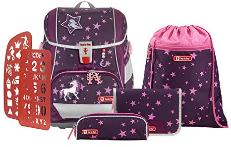Step by Step Schulranzen-Set 2IN1 Plus „Unicorn Nuala“ 6-teilig, Beere, Einhorn-Design, ergonomischer Tornister mit Reflektoren, höhenverstellbar mit Hüftgurt für Mädchen 1. Klasse, 19L