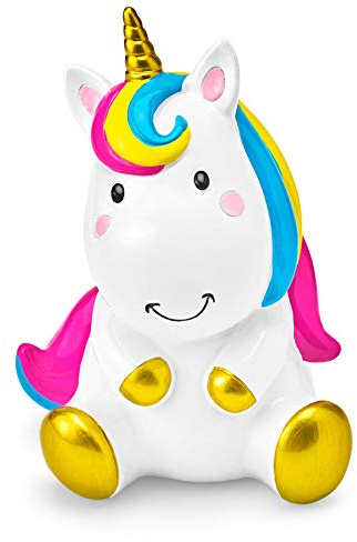 Mousehouse Gifts - Spardose - sitzendes Einhorn mit bunter Mähne - für Mädchen und Jungen - Weiß - 9 x 9 x 14 cm