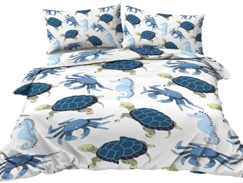 BlessLiving Sea Turtle Bedding Under the Sea Duvet Cover Set Kids Teens Seahorse Crab Watercolor Blue Sealife Ocean Bedding Sets 1 Duvet Cover 2 Pillowcases (Single)