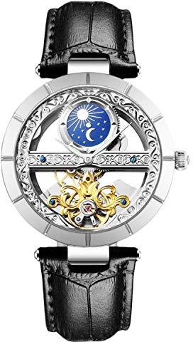 RORIOS Damen-Armbanduhr, mechanisch, automatisch, Armband aus echtem Leder, automatische Uhrenbeweger, Schwarz B, Riemen