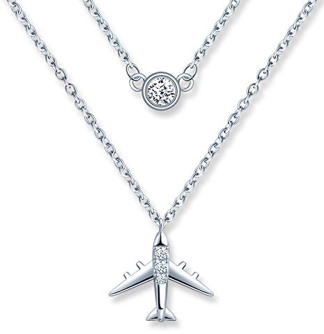 MicLee Damen 925 Sterling Silber Zirkonia Halskette Fashion Flugzeug Anhänger Doppelkette Kette mit Geschenkbeutel Super Geschenk für Paar Pärchen Mutter Tochter
