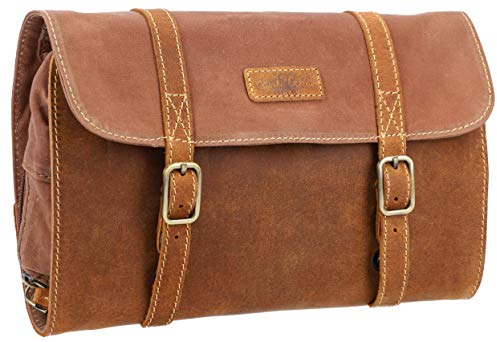 Gusti Kulturbeutel Herren Leder Rodney – Kulturtasche aus hochwertigem Webstoff & Büffelleder mit Haken zum Aufhängen – Robuste Kosmetiktasche Leder