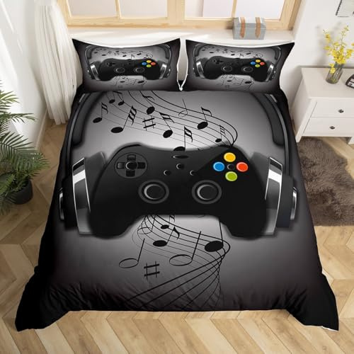 Spieler Bettbezug Schwarz Grau Kopfhörer Musikalisches Spiele Gamepad Trösterbezug für Kinder Jungen Videospielzimmer Dekor Retro Spiel Spieler Bettwäsche Set Spielen Regler Bettbezug, Sanft, 135x200