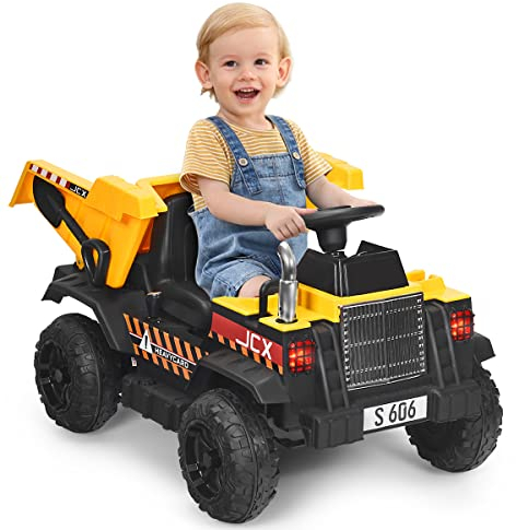 COSTWAY 12V Kinder Traktor mit elektrischen Heckschaufel, 3-Gang Aufsitztraktor mit 2,4G-Fernbedienung, Lichtern, Musik und Radio, Elektrotraktor 3-5 km/h für Kinder von 3-8 Jahren