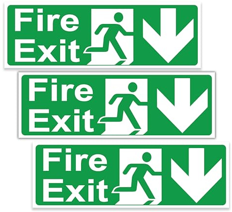 stcky Fire Exit Sign - 30cm x 10cm Ideal Sized Fire Exit Down Arrow Self Adhesive Vinyl Signs [Pack of 3]