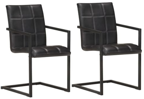 vidaXL Freischwinger 2 STK., Schwingstuhl mit Armlehnen, Esszimmerstuhl Metallrahmen, Essstuhl Küchenstuhl Stuhl Esszimmer Küche, Retro-Design, Schwarz Echtleder
