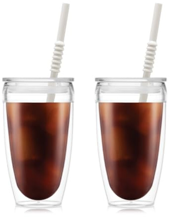 Bodum Pavina Insulated Travel Tumbler with Lid and Straw, BPA Free Plastic, 13.5 oz, Set of 2