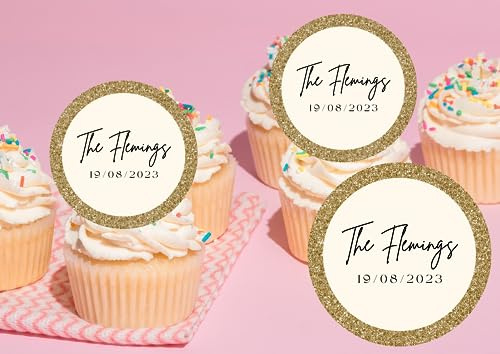 edible 20 x WEDDING Personalised cupcake toppers uncut Gold (icing paper)