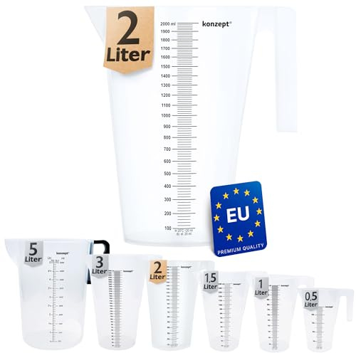 KONZEPT Messbecher 2 Liter, Verschiedene Größen zur Wahl, Ideal für Küche, Garten, Werkstatt, Transparent, Robuster Kunststoff, Stapelbarer Litermaß