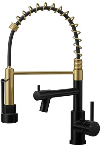 Warmiehomy Professional Kitchen Tap,360° Swivel Dual Spouts Kitchen Sink Taps with Pull Out Sprayer,High Arc Spring Mixer Tap for Sink,Black&Gold
