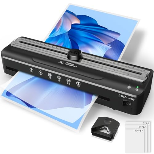 Laminiergerät A4 Laminiermaschine mit Laminierfolien 50 Stück für A4 A5 A6, schnelles Aufwärmen, eingebauter Cutter, mit Eckabrunder, Heiß - und Kaltlaminiergeräte für zu Hause/Schule/Büro