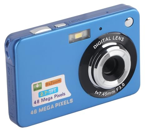 Septpenta Fotocamera Digitale 4K, Fotocamera Digitale con Display LCD da 48 Megapixel da 2, 7 Pollici, Fotocamera DSLR per Bambini con Zoom 8X Anti Vibrazione, Fotocamera Compatta da Viaggio(Blu)