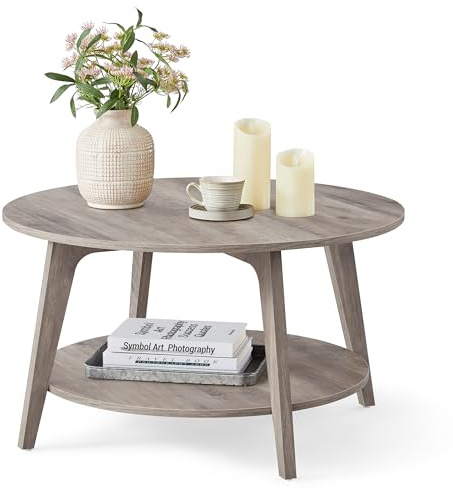 VASAGLE MAEZO Collection - Round Coffee Table, 2-Tier Center Table with Storage, Tapered Legs, Curved Transitions, 31.5 Dia. x 17.7 H Inches, Easy Assembly, for Living Room, Heather Greige ULCT243K02