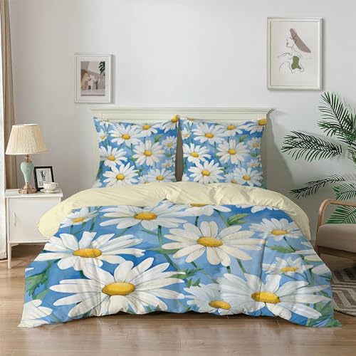 dyausi Bettwäsche 135x200 Blau Weiße Gänseblümchen Blume Bettwäsche-Sets Weiche Microfaser Wende Bettbezug 135 x 200 und 2 Kissenbezug 80x80 cm mit Reißverschluss Kunst Ästhetik