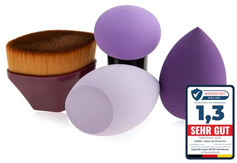 GHADA Make‑up Pinsel & Schwamm Set – Lila | Kabuki‑Foundation‑Pinsel + 3 latexfreie Blender | Violett‑Trendfarbe | für Airbrush‑Finish bei Foundation, Concealer, Contouring & BB/CC – vegane Borsten