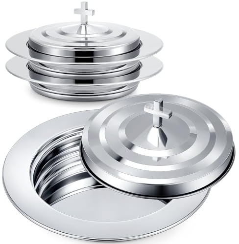 Zhehao 2 Plates Silver Communion Set, Holy Trays with Lid, Stainless Steel Bread Tray Plates for Churches, Holy Communion Tray with Cover, Polished Church Supplies Ware Sets