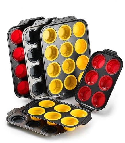 Vicalo Bandejas para magdalenas, 2 piezas de silicona de acero al carbono, capacidad para 12 magdalenas, bandeja para hornear con revestimiento antiadherente con resistencia a altas temperaturas,