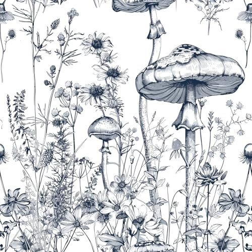 ReWallpaper Papier Peint Blanc Papier Peint Chambre Salon Vintage Rouleau Adhesif pour Meuble Blanc et Noir Film Adhésif Meuble Motif Champignon Decoratif Papiers Peints Fleurs 44.5cm×3m