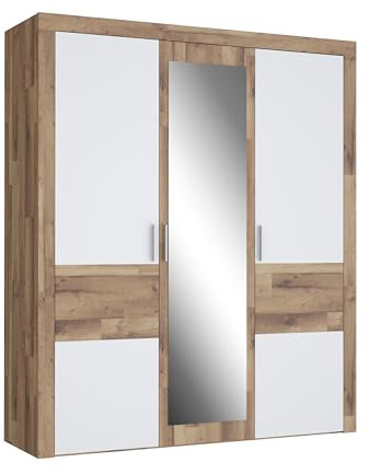 FORTE RICCIANO Schrank 180 190, weißer Kleiderschrank mit Spiegel, Drehtürenschrank, 3-türig, Flurschrank, Holzwerkstoff, Weiß Matt/Stabeiche Holzdekor, 180,8 cm breit x 211,6 cm hoch x 54,2 cm tief
