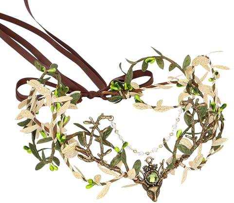 MOSTORY Handgefertigte Geweih Waldblattkrone für Waldelfe Kostüm Damen, Grüne Feen Tiara mit Zweig und Quaste für Renaissance Party Cosplay Karneval