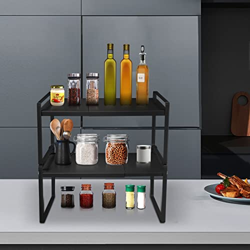 HUOLE Erweiterbares Metall, Schrankregal Erweiterbarer Küchenregal Organizer Verstellbarer Küchenschrank Regal Gewürzregal Theken Speisekammer Badezimmer-36-60 * 21 * 36,5cm (schwarz)