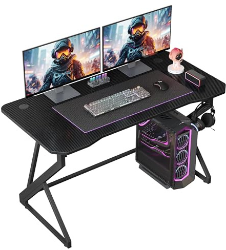 Grandder Gaming Desk Z Shaped 40 Inch Gamer Workstation, Home Computer Carbon Fiber Surface Gaming Desk PC Table with Headphone Hook, Carbon Fiber Black