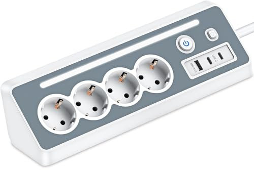 Multipresa angolare con USB e 2 Type-C, Presa multipla a 4 vie con luce LED, protezione da sovratensioni 3680W 16A, Ciabatta elettrica con Cavo 1.5 m e Interruttore, per cucina ufficio e casa