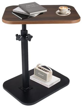 XUDREZ Table d'appoint réglable en forme de C, table de canapé de salon, petite table basse moderne pour lit/baignoire, plateau rotatif (noir noyer)