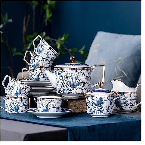 OWOHYG Fine Bone China Tea Set, Cups & Saucer Service for 6, Blue & White Porcelain Coffee Cups Set with Sugar Bowl & Cream Pitcher