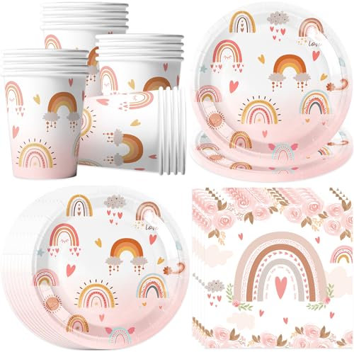 pekifaves Boho Arco Iris Juego de vajilla para fiesta de cumpleaños infantil, para 16 invitados, platos de papel, servilletas, para baby shower, niñas, cumpleaños