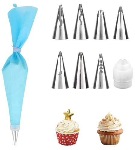 lasuroa 9pcs Piping Tips Set, Stainless Steel Ruffle Piping Nozzles with Reusable Silicone Bag and Connector Cake Decorating Kit for Icing Pastry Cupcake Cookie Frosting Decoration Supplies