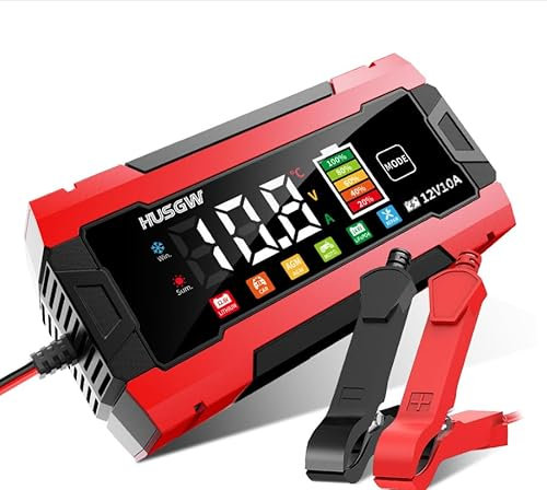 12V 10A Caricabatterie per Auto，LiFePO4 Caricabatteria per Moto, Processo di Carica a Tre Fasi, Molteplici Funzioni di Sicurezza, Adatto per Auto, Moto, AGM, GEL, Wet, SLA e LiFePO4 (10A)