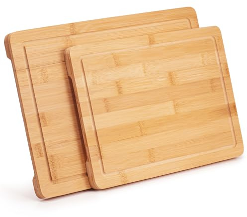 Woodluv Set of 2 Wooden Chopping Board Cutting Board - Strong, Durable & Hard Wearing Serving Chopping Board with Juice Grooves