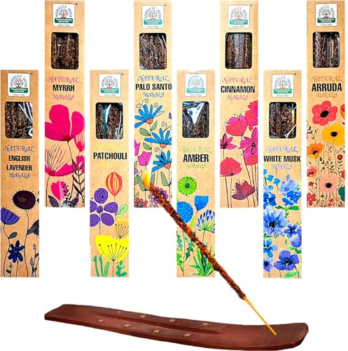 Incenso Bastoncini Naturali Biologico senza Sostanze Tossiche, 5 Fragranze Casuali: Salvia Bianca, Sandalo, Ambra, Lavanda o Nag Champa (30 g) – Fatto a Mano con Bruciatore (Assortito) (assortito)
