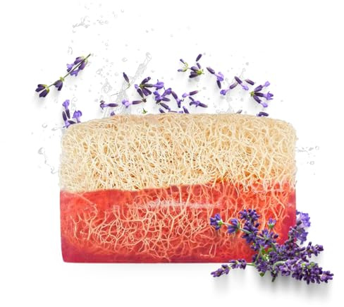 Anadoa Lavendel Seife mit Luffaschwamm | Handgemachte pH-neutrale Seifenstücke | Mit Natürlichem Peeling & Pflanzlichem Glycerin | Beruhigend, Klärend & Aromatisch Duftend | Feuchtigkeitsspendend