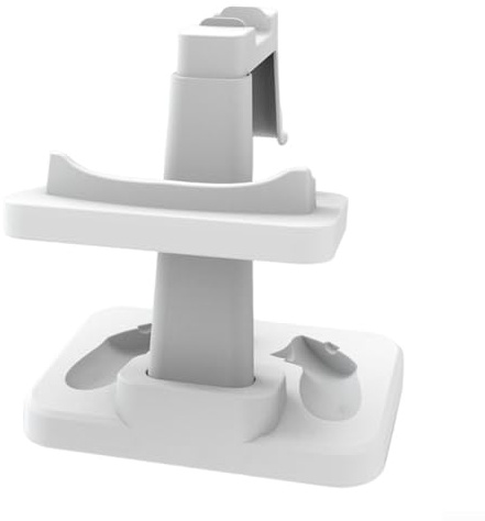 Soporte de pantalla VR y soporte para auriculares con base de carga, organizador ABS para controladores Meta-Quest 3/3S y gafas AR, soporte de escritorio compacto en blanco o negro (negro)