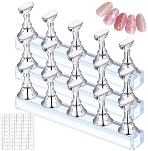 OQKAHIV 3 Pcs Supports Magnétiques pour Faux Ongles, Presentoir à Ongles Capsules avec Base Acrylique et 2 Autocollants, Support Nail Art Magnétique, pour la Pratique, Kits de Press on Nails (Argent)